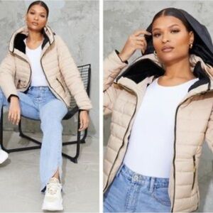 PrettyLittleThing Beige Puffer Coat with Hood | Size Small | NWT